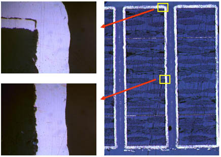 Figure 1 shows a 10:1 aspect ratio PTH plated at 10 ASF for 120 minutes, using a DC acid copper plating system.